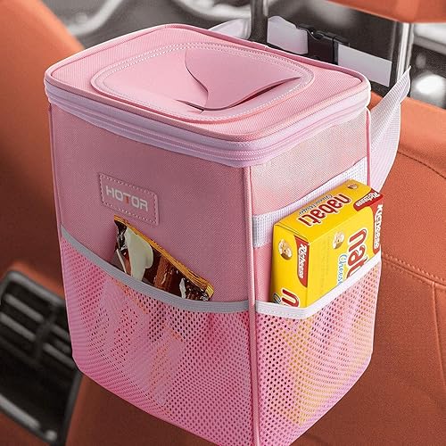 HOTOR Car Trash Can with Lid and Storage Pockets - 100% Leak-Proof Organizer, Waterproof Garbage Can, Multipurpose Trash Bin for Car, 2 Gallons, Pink - 2 Gallons - Pink