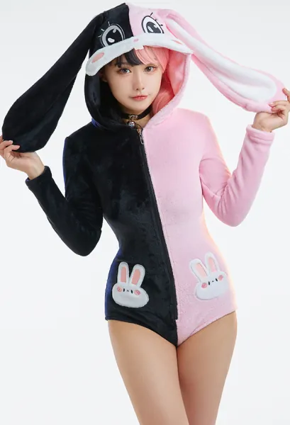 Kawaii Bunny Girl Bodycon Romper Pajama 3D Bunny Ear Long Sleeve Zipper Bodycon Jumpsuit Sleepwear with Choker and Socks