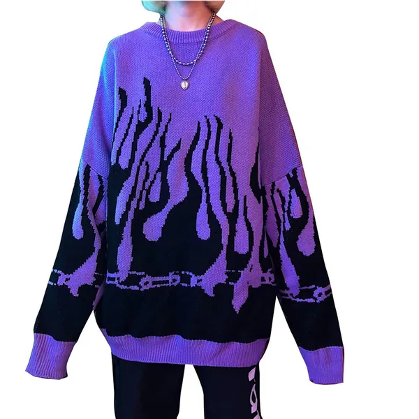 Women Sweater Long Sleeve Flame Bat Sleeve Jumper Oversized Casual Knitting Pullover Tops - One Size Purple