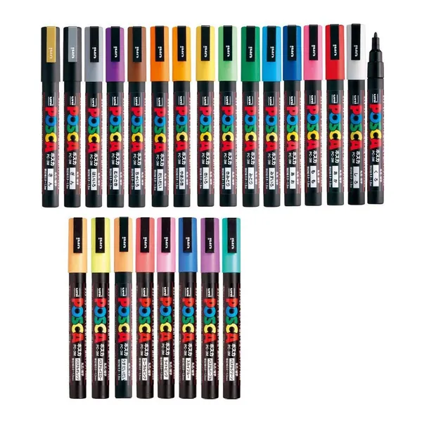 Uni Posca Paint Marker FULL RANGE Bundle Set , Mitsubishi Poster Colour ALL COLOR Marking Pen Fine Point ( PC-3M ) 24 Colours ( 17 Standard & 7 Natural ) Japan Import - 
