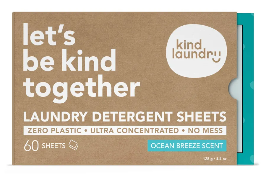 KIND LAUNDRY Detergent Sheets (60 loads, Ocean Breeze) - Award Winning Eco-friendly Natural, Hypoallergenic & Biodegradable Washer Soap Strips, Travel-Friendly & Plastic Free Alternative - 1