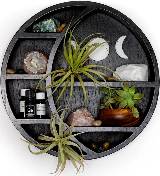 Onyx Haus Crescent Moon Shelf for Crystals Stone, Essential Oil, Small Plant and Art - Wall, Room, and Gothic Witchy Decor - Moon Phase Rustic Boho Shelfs - Wooden Hanging Floating Shelves - Black - 
