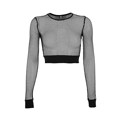 Fishnet Long Sleeve Crop Top for Women See Through Cover Up Cami T-Shirt Tops Sexy High Waist Clubwear Sheer Camis - Black - Small
