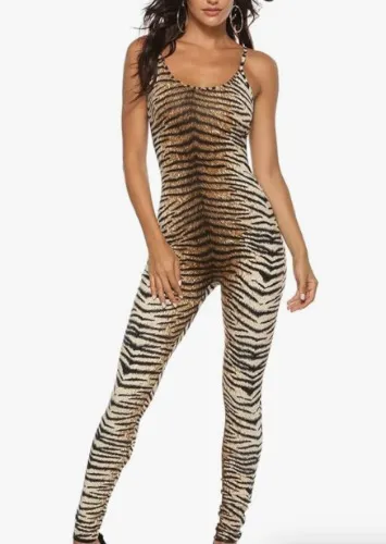 Amilia Womens Spaghetti Strap Bodycon Tank One Piece Jumpsuits Rompers Playsuit - Large Tiger Stripes