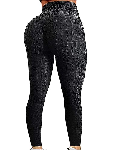 FITTOO Womens High Waisted Yoga Pants Tummy Control Scrunched Booty Leggings Workout Running Butt Lift Textured Tights - A-a.peach Butt Black - X-Large