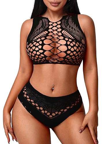 Avidlove Womens Fishnet Lingerie for Women Sexy Two Piece Lingerie Set Stripper Outfit - One Size - Black