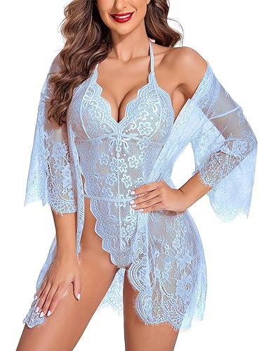 Avidlove Women Sexy Lingerie Set 2 Piece Lace Kimono Robe with Lace Teddy Lingerie Bodysuit - Baby Blue - Large