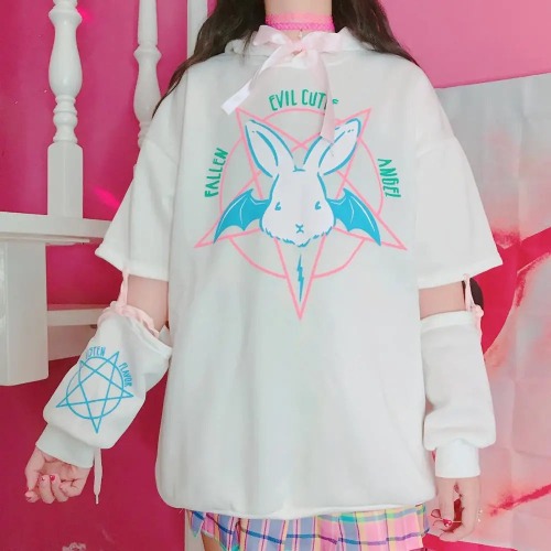 Satanic Bunny Hooded Sweatshirt with Corset Lace-Up Sleeves - White