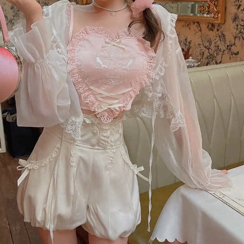 Ethereal Lace and Ribbon Heart Shaped Crop Top - Pink / S