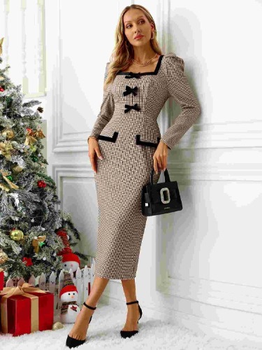 Bow Plaid Square Neck Puff Sleeve Dress - Taupe / M