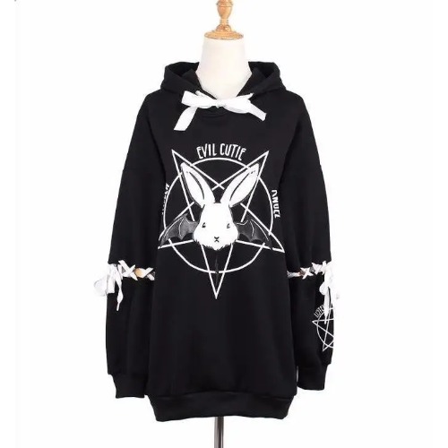 Satanic Bunny Hooded Sweatshirt with Corset Lace-Up Sleeves - Black