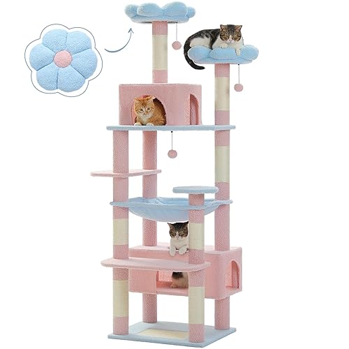 PAWZ Road Flower Cat Tree, 72 Inches Large Cat Tower with Steel Frame Hammock and 7 Scratching Posts, Tall Cat Tree with 2 Condos and Perches for Large Indoor Cats - Blue - 72" - Blue