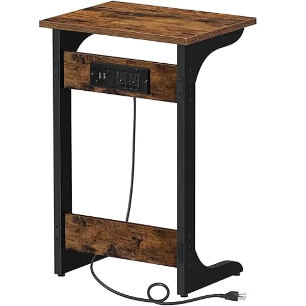 TUTOTAK C Shaped End Table with Charging Station, Side Table, Couch Table for Small Spaces, Tv Tray Table with 2 USB Ports and Outlets, Living Room, Bedroom V1TB01BB044