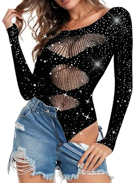 ChiaoLezhee Sparkly Rhinestone Bodysuit, Sexy Rave Outfits, Size Fit 0-16