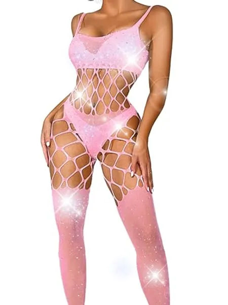 ChiaoLezhee Fishnet Rhinestone Jumpsuit, Rave Club Party, Sexy Cutout Dancewear