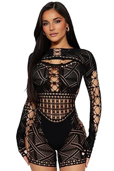 KIZOIEJE Women's Sexy Long Sleeve See Through Hollow Out Sheer Ultra Stretchy Mesh Bodysuit