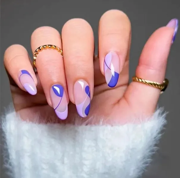 24Pcs Press On Nails | Full Set Almond Oval Nails | Abstract Swirl Press On Nail | Short Luxury Fake False Nails | Purple Summer