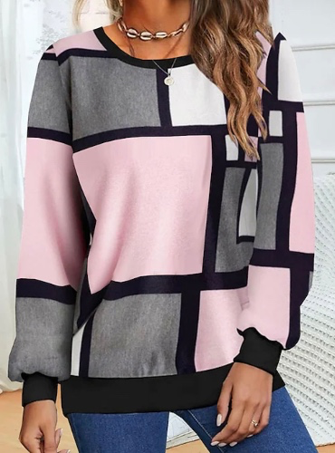 Women's Sweatshirt Pullover Streetwear Pink Blue Green Color Block Casual Round Neck Long Sleeve 2022 - US $14.99