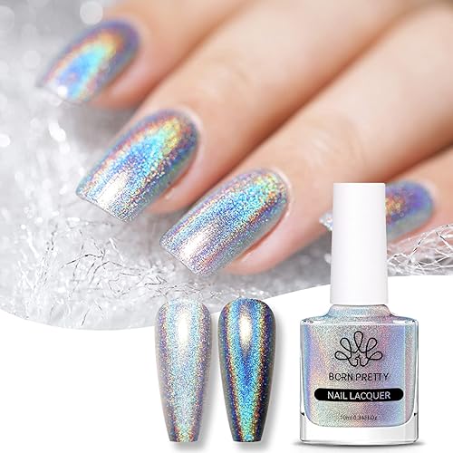 BORN PRETTY Iridescent Nail Polish 10ml Magic Rainbow Silver Effect Nail Lacquer Holo Glitter Super Shine Nail Art Polish Holiday Varnish Gift Set for Women Girls - #35870