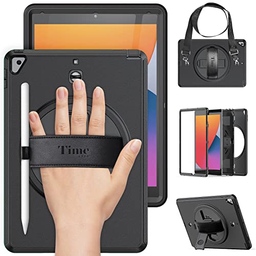 Timecity iPad 7th/ 8th/ 9th Generation Case/iPad 10.2 Case 2019-2021 Release, Durable Sturdy Protection Case with Screen Protector, Swivel Stand, Hand Strap and Shoulder Strap Pencil Holder - Black