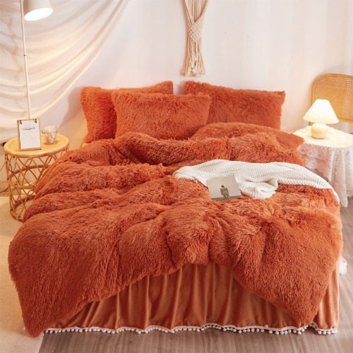 HAIHUA Fluffy Burnt Orange Comforter Cover Set Queen，Faux Fur Burnt Orange Bedding 3 Pieces(1 Plush Queen Duvet Cover +2 Faux Fur Pillowcases) Cute Bed Set (Burnt Orange , Queen) - Burnt Orange Queen
