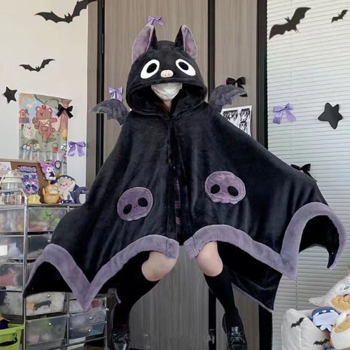 Bat Air Conditioner Blanket Coral Plush Afternoon Pajamas Cape Cloak Hooded Nightgown Lovely Lolita Costume Cosplay