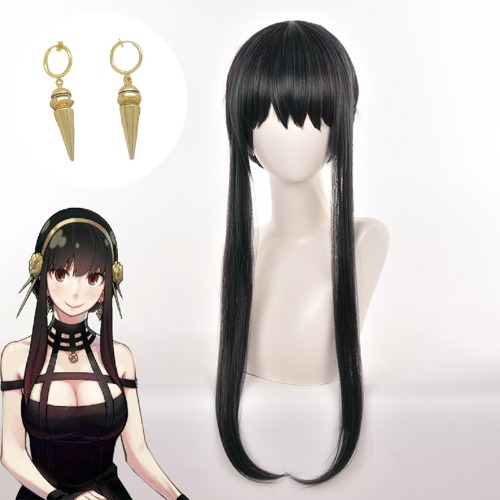Parrucca Cosplay lunga nera per capelli parrucca sintetica resistente al calore famiglia spia sintetica Halloween gioco di ruolo parrucche + cappellino parrucca