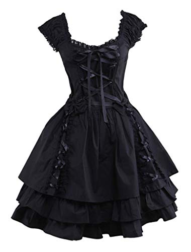 Ainclu Womens Classic Black Layered Lace-up Goth Lolita Dress - Medium - Black