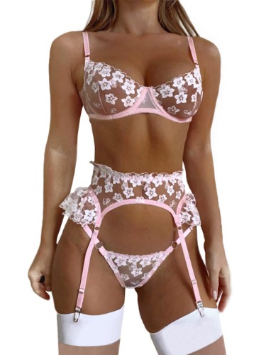Kaei&Shi Garter Lingerie for Women,Underwire Embroidered Sexy Lingerie,Ruffle 3 Piece Lingerie Set
