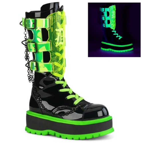 Demonia Slacker-156 | Black Patent-UV Neon Green / 9