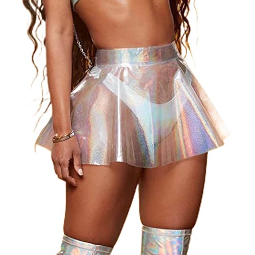 Women‘s Flared Pleated Skirts Shiny See Through Mini Skirt High Waist Clubwear Novelty Skirt for Women - X-Large Short - Transparent