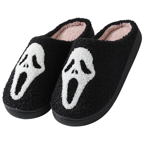 EGAEATU Halloween Slippers for Women,Soft Plush Comfy Halloween Pumpkin Slippers Slip-on Cozy Indoor Outdoor Slippers Fluffy House Slippers for Women Men - 5.5-6.5 Women/5-6 Men - Black Ghost