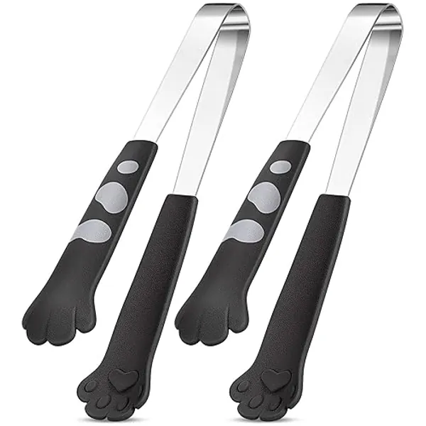 2 Pieces Cat Paw Tongs 7 Inch Cat Kitchen Accessories Stainless Steel Tiny Cooking Tongs for Appetizers BBQ Serving Grilling Sugar Cube (Black) - 2 - Black
