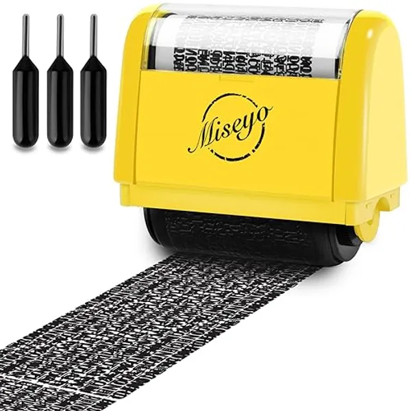 Miseyo Wide Identity Theft Protection Roller Stamp Set - Yellow (3 Refill Ink Included) - Yellow - Stamp+3 Refills