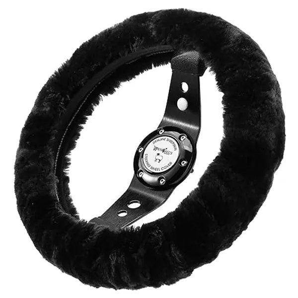 Andalus Brands Fluffy Wool Sheepskin Steering Wheel Cover, Fuzzy Soft Plush, Universal 14 1/2-15 1/2 Inch, Anti-Slip, Comfortable & Luxurious, Cozy Texture (Black) - Black