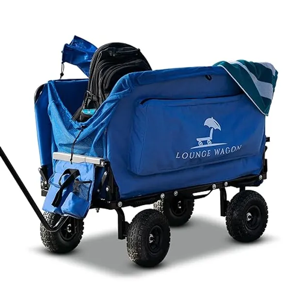 The Lounge Wagon – The Only Wagon That Converts into a 2-Person Chair - 3-in1 cart - Included Cargo net- Ultimate Beach Wagons– Beach Chairs for Adults – Sports Wagon(Umbrella Sold Separately)… - Blue