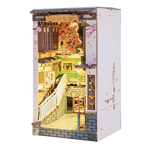 Rowood Book Nook Kit, Bookshelf Insert Decor Alley 3D Wooden Puzzle, DIY Bookend Building Set Model Kit with LED Light -Sakura Tram - TGB01 - Sakura Tram