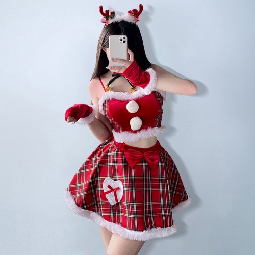 Mischievous Santa Dress Mrs Claus Costume Christmas Plaid Skirt Set - Red / L