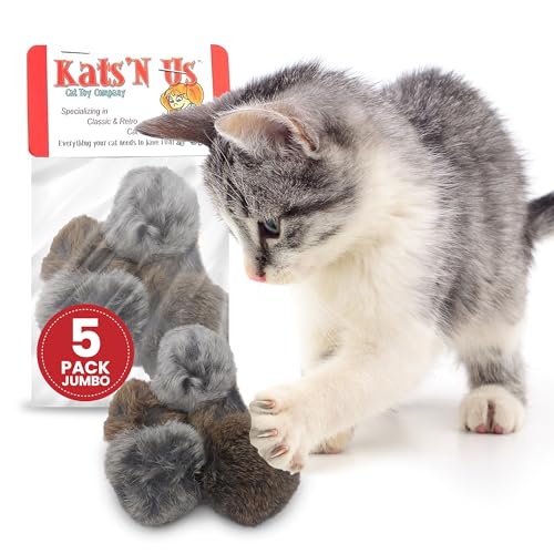 Kats'N Us Jumbo Pom Pom Cat Toy 5-Pack – Natural Color - Real Rabbit Fur for Interactive Play, Training, and Indoor Fun. - Natural Rabbit Fur