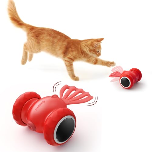 FEELNEEDY Interactive Cat Toys, Goldfish Automatic Cat Toy Interactive with Tassels and LED Light for Indoor All Breed Cat, Self Moving Electric Cat Toy USB Rechargeable (Red) - Red Interactive Cat Toy