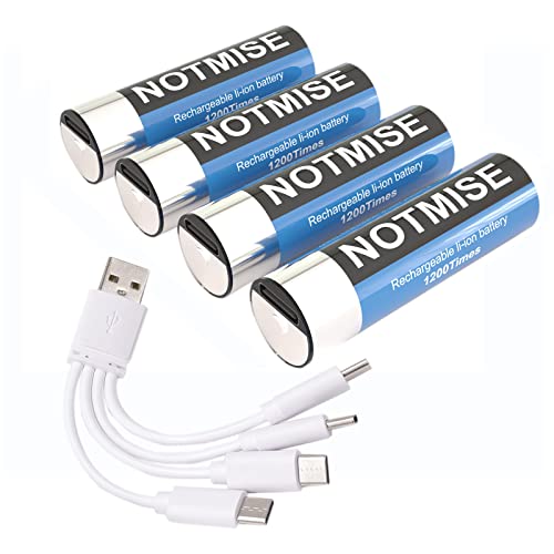 Notmise USB AA Rechargeable Battery Pack – 4X Fast Charging Lithium Battery AA Batteries USB Type C Charging Cable Replacement Battery 1.5v 2500mWh Lithium Ion AA Batteries USB 4 Cable 1200+ Cycles - AA, Pack of 4