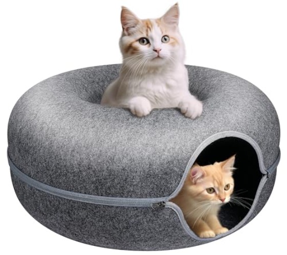 Gleejoy Peekaboo Cat Cave for Multiple Cats/Large Cats, Cat Caves for Indoor Cats Up to 30 Lbs, Cat Tunnel Bed, Scratch Detachable and Washable Large Donut Cat Bed, Dark Gray - L (24*24*11inch) - Dark Gray