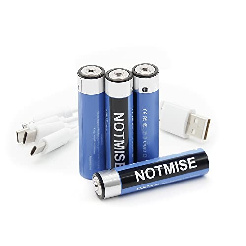 Notmise USB AAA Rechargeable Battery Pack – 4X Fast Charging Lithium Battery Triple AAA Batteries USB Type C Charging Cable Replacement Battery 1.5v Lithium Ion AAA Batteries USB 4 Cable 1200+ Cycles - AAA, Pack of 4