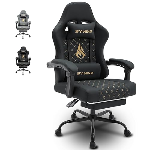 Symino Gaming Chair with Footrest, Computer Ergonomic Video Game Chair, Adjustable Swivel Task Chair with Lumbar Support, PC Chair, Office Chair PU Leather, Black - Black - Iron frame