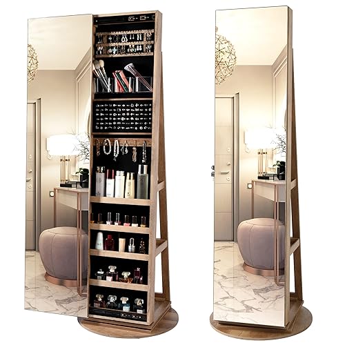 LVSOMT 360° Swivel Jewelry Cabinet with Full Length Mirror, 63" Large Jewelry Armoire Organizer, Lockable Mirror with Jewelry Storage, Floor Standing Mirror, Rear Storage Shelves - Natural