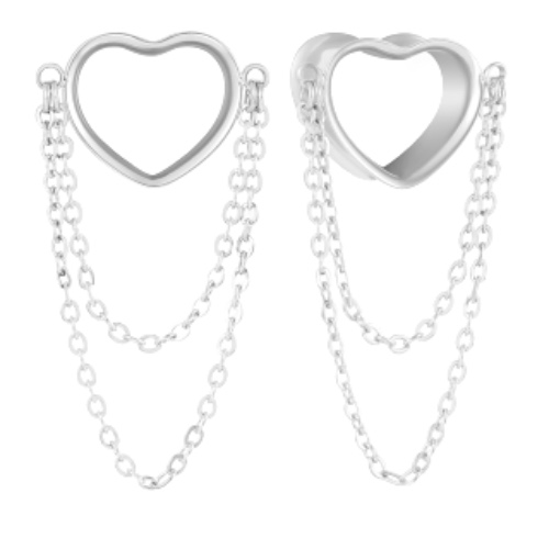 Earblity 2PCS 6mm-25mm (2G-1") Classic Lovely Heart Double Chain Ear Plugs Tunnels Gauges Basic Ear Tunnels for Stretched Ears Hypoallergenic 316 Stainless Steel Ear Body Piercing Jewelry for Women - 0G (8mm) Silver