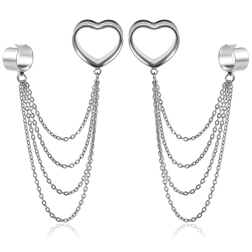Maxbott 2PCS Fashion Dangle Ear Gauges Tunnels with Chain Hypoallergenic 316L Stainless Steel Lobe Cuff Body Piercing Jewelry - 8mm(0G) Silver Heart