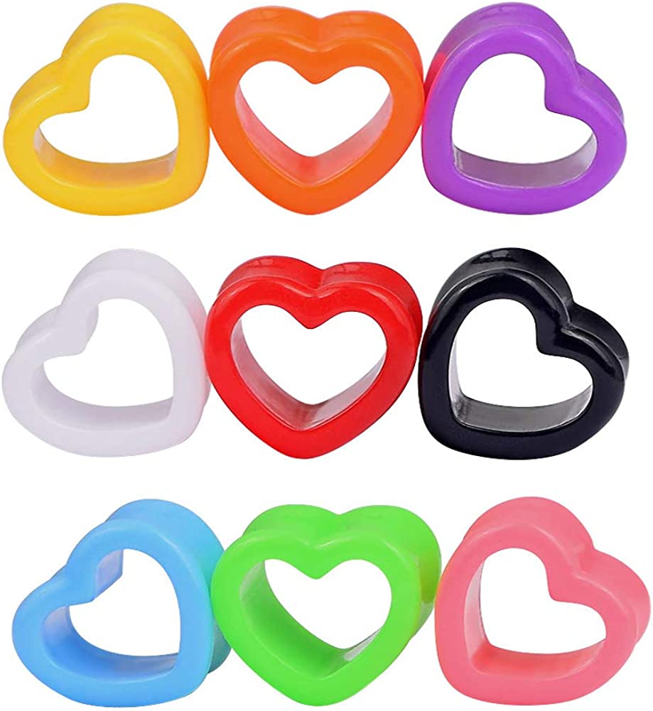 Qmcandy 6pcs/18pcs Heart Shape Acrylic Ear Tunnels Plugs Set Mix Color Stretcher Expander Ear Tunnels Gauge 6G-7/8 inch - 9 pairs, 0g(8mm)