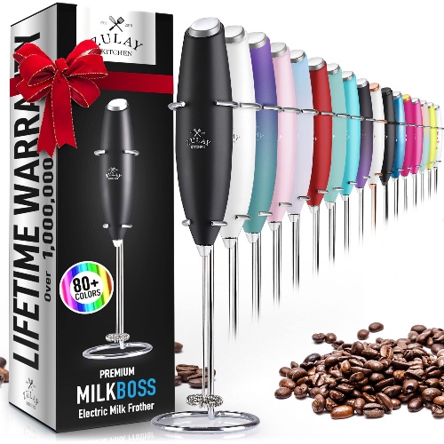 Zulay Original Milk Frother Handheld Foam Maker for Lattes - Whisk Drink Mixer for Coffee, Mini Foamer for Cappuccino, Frappe, Matcha, Hot Chocolate by Milk Boss (Black) - Midnight Black