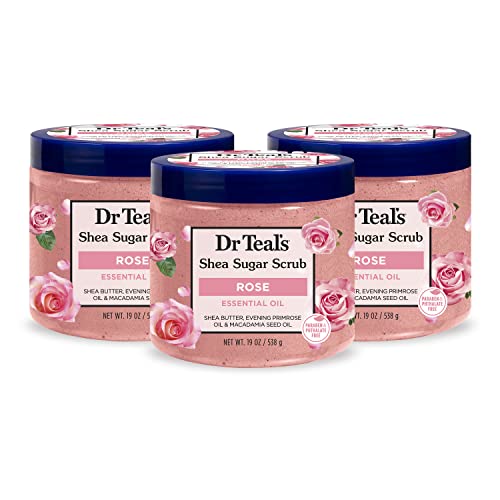 Dr Teal's Shea Sugar Body Scrub, Rose with Essential Oil, 19 oz (Pack of 3) (Packaging May Vary) - Rose with Essential Oil